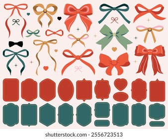 Christmas vintage bow set. Bows for decor. Trendy girls accessories. Cute hairstyle elements.Sparkles icons, star shape.New year decoration, gift. Glitter sparkle. Stickers, frames, promo, price, sale