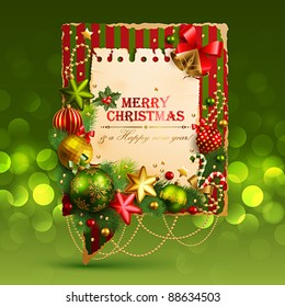 Christmas vintage bubble with baubles and place for text. Vector illustration.