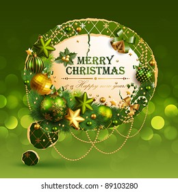 Christmas vintage bubble with baubles and place for text. Vector illustration.