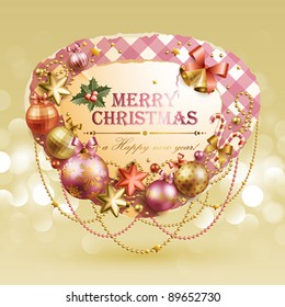 Christmas vintage bubble with baubles and place for text. Vector illustration.
