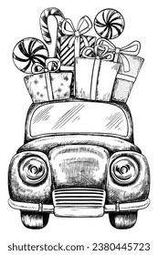 Christmas vintage car with gift boxes vector sketch illustration