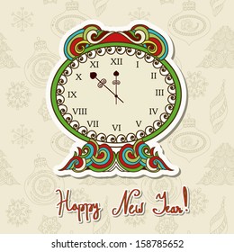 Christmas vintage card with christmas clock and seamless background