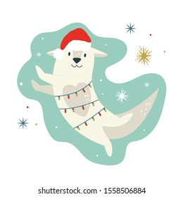 Christmas vintage card with cute holiday otter in Santa hat. Vector festive illustration. Character design