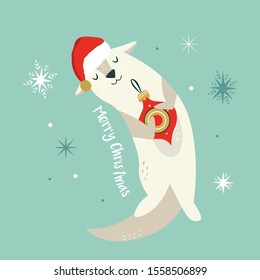 Christmas vintage card with cute holiday otter in Santa hat. Vector festive illustration. Character design