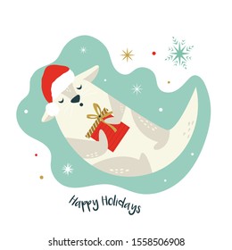 Christmas vintage card with cute holiday otter in Santa hat holding a gift. Vector festive illustration. Character design