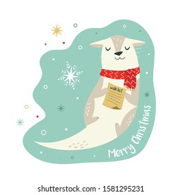 Christmas vintage card with cute holiday otter in Santa hat holding a wish list. Vector festive illustration. Character design