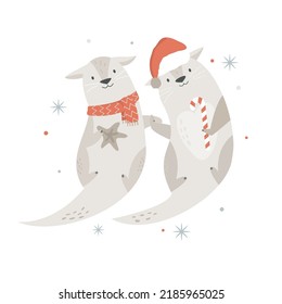 Christmas vintage card with cute holiday otters in Santa hat. Vector festive illustration. Character design