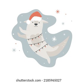 Christmas vintage card with cute holiday otter in Santa hat. Vector festive illustration. Character design