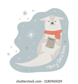 Christmas vintage card with cute holiday otter in Santa hat. Vector festive illustration. Character design