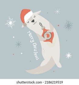 Christmas vintage card with cute holiday otter in Santa hat. Vector festive illustration. Character design