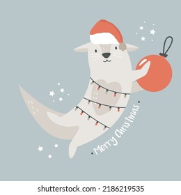 Christmas vintage card with cute holiday otter in Santa hat. Vector festive illustration. Character design