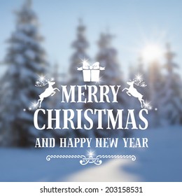 Christmas vintage card with the defocused snow-covered fir-trees in forest. Vector illustration. 
