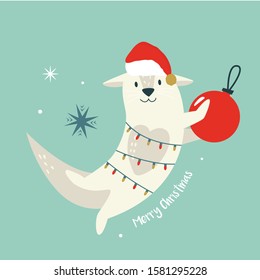 Christmas vintage card, design with cute holiday otter. Vector festive illustration.