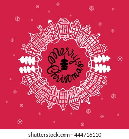 Christmas vintage card with with hand drawn lettering, urban landscape and snowflakes on red background. Vector hand drawn illustration.