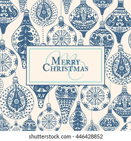 Christmas vintage card with with hand drawn Christmas decoration and text. Vector hand drawn illustration on beige background.