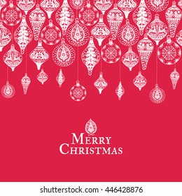 Christmas vintage card with with hand drawn Christmas decoration and text. Vector hand drawn illustration on red background.