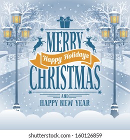 Christmas vintage card with the lanterns in snow-covered park. Detailed vector picture. 