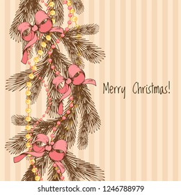 Christmas vintage card on beige background, lettering merry christmas, hand drawn elements, vector illustration