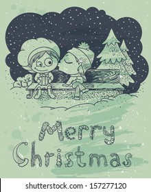 Christmas vintage card with romantic couple 