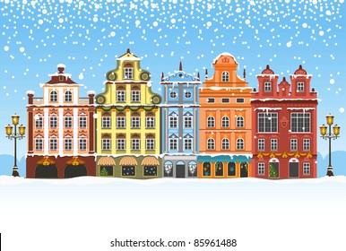 Christmas vintage card with the urban landscape and snowfall. Detailed vector picture.