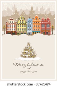 Christmas vintage card with the urban landscape and snowfall. Detailed vector picture.