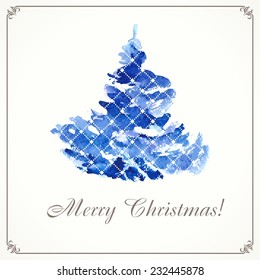 Christmas vintage  card.Christmas tree. Watercolor illustration. 