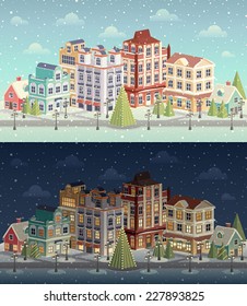 Christmas vintage cityscape and snowfall. Vector illustration.