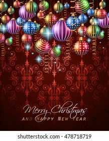 Christmas Vintage Classic Background with balls and star lights with a lot of space for text. Ideal  for outstanding greeting card or dinner invitations.