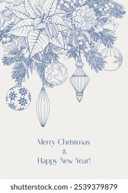 Christmas Vintage composition with poinsettia toys ball fir branches pine cones holly berries mistletoe. Blue beige Toile Linear Hand drawn Vector illustration for design holiday decor, poster, card