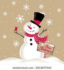 Christmas Vintage Cute Snowman Isolated Pattern with Happy Holidays text, Cardinal birds and Snowflakes on Natural Background- Christmas Isolated Vector Illustration