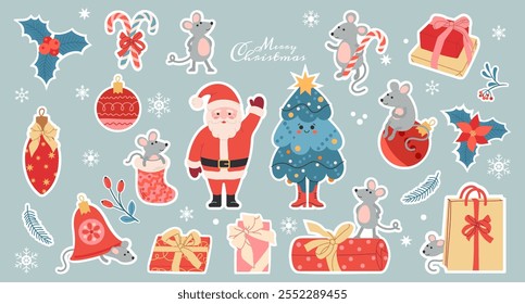 Christmas vintage cute stickers. Santa Claus, cute Christmas tree, funny mice set, various gift boxes with bows, plant elements, Christmas tree decorations.Set hand drawn vector New Year illustrations