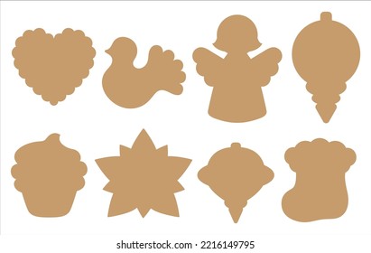 Christmas vintage decal cut file pattern. Silhouette shapes of angel, retro ornament, poinsettia, nordic bird. Winter holiday items isolated contours for window decoration, cookies, paper craft, tags.