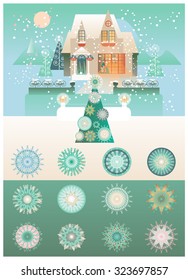 Christmas Vintage Design with House, Tree, Winter Landscape and Snowflakes types vector set. Holiday illustration.