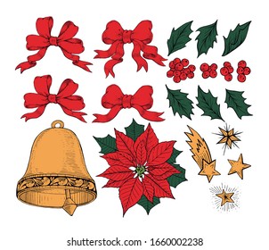 Christmas vintage elements set. Holly, poinsettia, ribbon, berries, stars. Engraving style. 