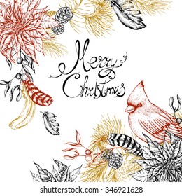 Christmas vintage floral greeting card with poinsettia, feathers and bird red cardinal. Botanical vector illustration