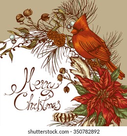 Christmas Vintage Floral Greeting Card With Poinsettia, Bird Red Cardinal. Botanical Vector Illustration