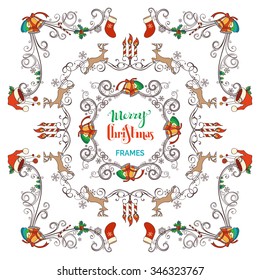 Christmas vintage frames set. Vector calligraphic design elements for your holiday layout. Santa socks and hats, bells, deers, candy canes, holly berries and candles, callygraphic swirls. 