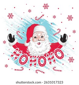 Christmas Vintage Fun Santa Claus holding a Hohoho Banner with Candy Cane and Snowflakes- Isolated Christmas Santa Claus Illustration  