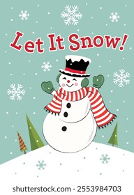 Christmas Vintage fun Snowman with Let It Snow Text and Snowflakes- Christmas Isolated Snowman Vector Illustration