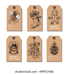 Christmas vintage gift tags set. Vector hand drawn illustration. Botany, holly, mistletoe, sock, pine cone, snow globe, gingerbread man cookie.  Perfect for xmas holiday greetings