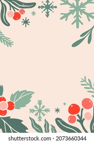 Christmas vintage greeting card. Floral ornaments, winter illustrations, Christmas decorations. New year cards.