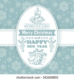 Christmas vintage greeting card with hand draw elements and holidays lettering on seamless snowflakes background. Poster, banner, party invitation template. Happy New Year. Marry Christmas.