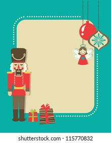 Christmas vintage greeting card with nutcracker and gift boxes