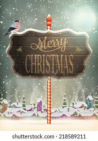 Christmas vintage greeting card on winter village. EPS 10 vector file included