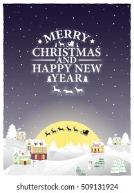 Christmas vintage greeting card on winter landscape.