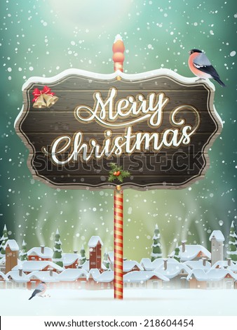 Christmas vintage greeting card on winter village. EPS 10 vector file included