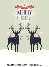 Christmas vintage greeting card, retro concept with deers