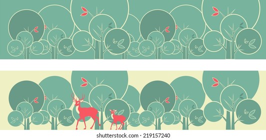 Christmas vintage greeting card in retro colors with a picture of a deer and trees on a long stretch of wide screen