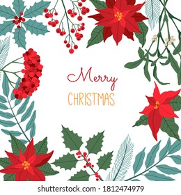 Tarjeta de saludo de Navidad vintage, marco cuadrado con plantas de invierno, poinsettia, berry holly, mistletoe, símbolo tradicional de Año Nuevo. Ilustración vectorial en estilo plano, aislada en fondo blanco.