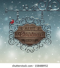 Christmas vintage greeting card - wooden signboard.